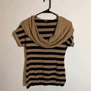 Express Womens Striped Cowl Neck Short Sleeve Sweater Camel Black Size S